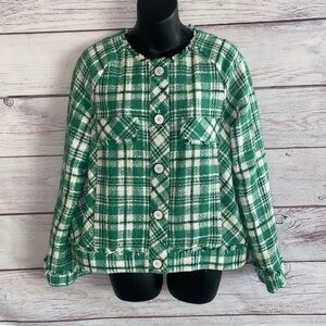 CAbi Library Jacket Women's Medium Green White Plaid Tweed Sophia Button Front